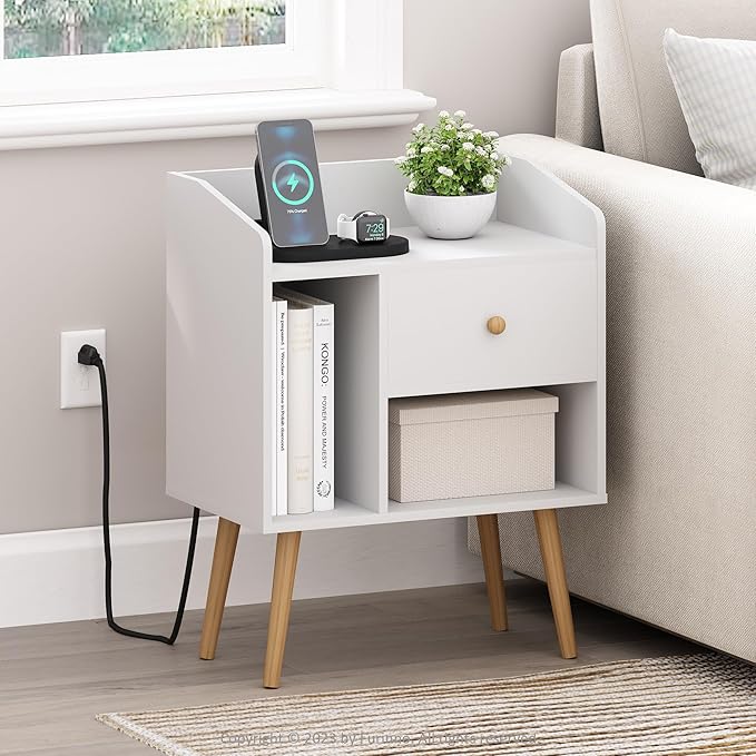 Furinno Claude Side Table, Mid Century End Table with Charging Station, Wooden Legs Night Stand, Bedside Table with USB and Type-C Charging Port, for Living Room, Bedroom, White