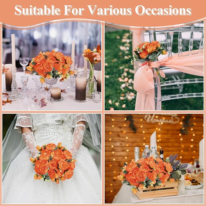 Hoteam 24 Bundles Artificial Peonies Flowers Wedding Faux Flowers Silk Peony Bouquet Bulk Bride Fake Florals Arrangements for Table Centerpieces Wedding Party Vase Decor (Orange)