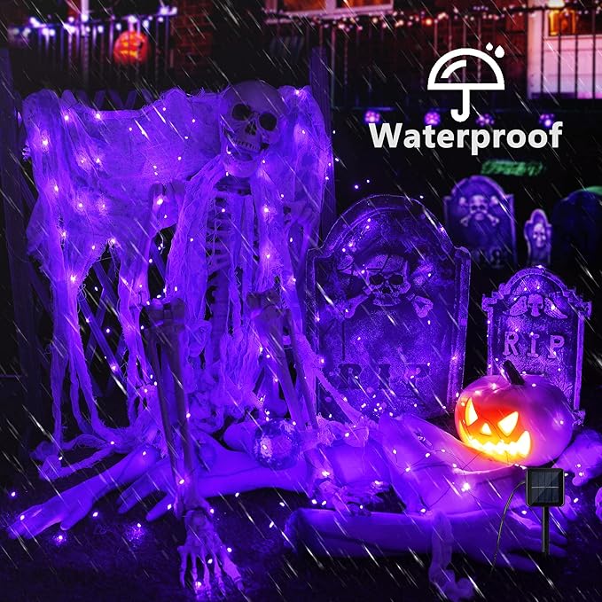 Brizled Halloween Fairy Lights, 2 Pack Total 78FT 240 LED Purple Fairy Lights, 8 Modes Solar Powered Purple Light, Twinkle Outdoor Halloween Light String for Outside Party Home Decor Black Wire
