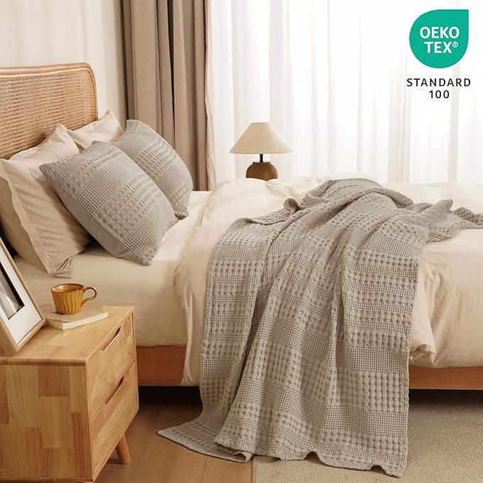 PHF 100% Cotton Waffle Weave Throw Blanket, Soft Lightweight Breathable Cozy Throws for Couch Bed Sofa, Luxury Aesthetic Woven Blanket for Home Decor & Office, 50"x60", Taupe