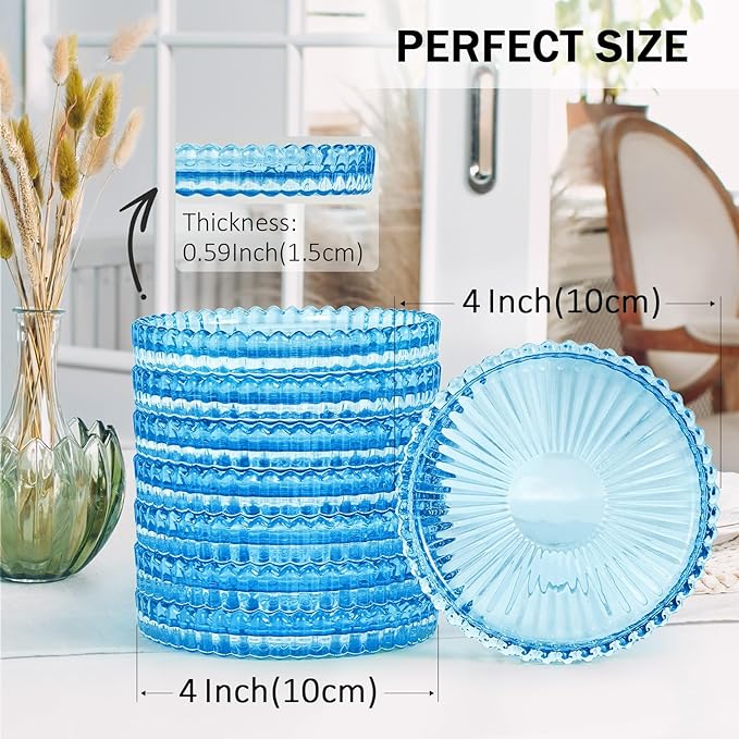 Glass Candle Holders, GOH DODD Set of 8 Crystal Pillar Plates Modern Coasters for Drinks, Centerpiece, Home Decor, Kitchen, Living Room, Patio, Wedding, Halloween, Christmas, Party, Clear Blue