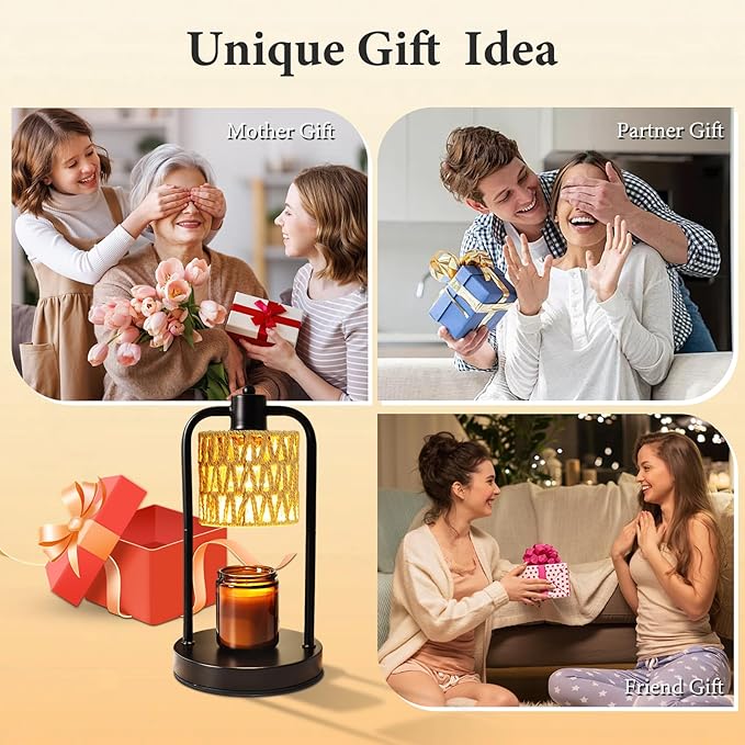 Candle Warmer Lamp Wax Light: Electric Melt Warming Lamps for Yankee Candles with Timer Dimmable for Birthday Christmas Gift, Room, New House, Bedroom, Vintage Home Decor (Black + Brown Hemp Rope)