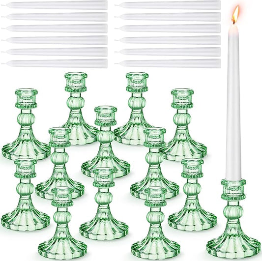 Suclain 24 Pcs Glass Taper Candle Holder Sets 12 Candlestick Holder with 12 White Long Candles for Wedding Party Decor Dinner Decoration(Green)