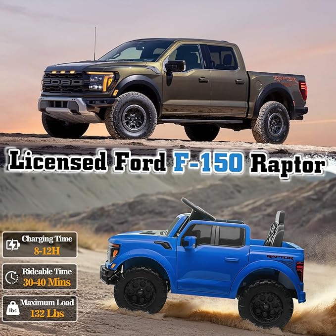 12V Ride on Car Licensed Ford F-150 Raptor, Kids Electric Car with Remote Control, LED Light/Music/MP3, Truck Bed Storage, 3-Point Seat Belt (12V, Blue)
