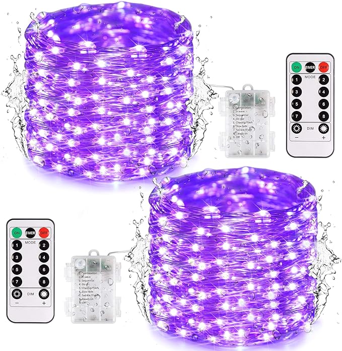 JMEXSUSS 2 Pack Christmas Fairy Lights Battery Operated, Total 400 LED 132ft Purple Christmas String Lights Indoor with Remote, 8 Modes Copper Wire Twinkle Lights for Bedroom Wall Tree Decor