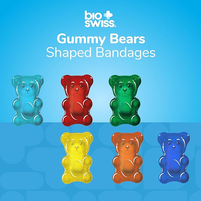 BioSwiss Bandages, Gummy Bear Shaped Self Adhesive Bandage, Latex Free Sterile Wound Care, Fun First Aid Kit Supplies for Kids, 24 Count