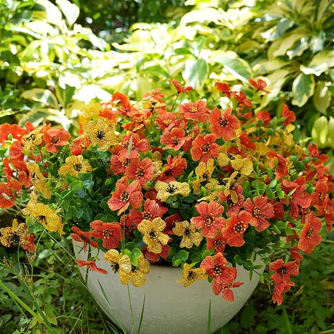 Artificial Flowers for Outdoor, UV Resistant Fake Silk Flowers, Realistic Faux Plants for Outside Indoor Porch Patio Window Box Planter Home Decor (16, Orange Yellow)