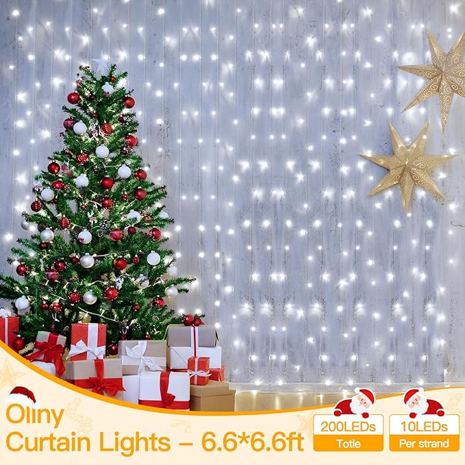 Ollny Curtain Lights 6.6x6.6ft, 200 LED White Christmas Lights with Remote 8 Modes Dimmable Timer, USB Power String Light for Bedroom Backdrop Indoor Window Wedding Decorations