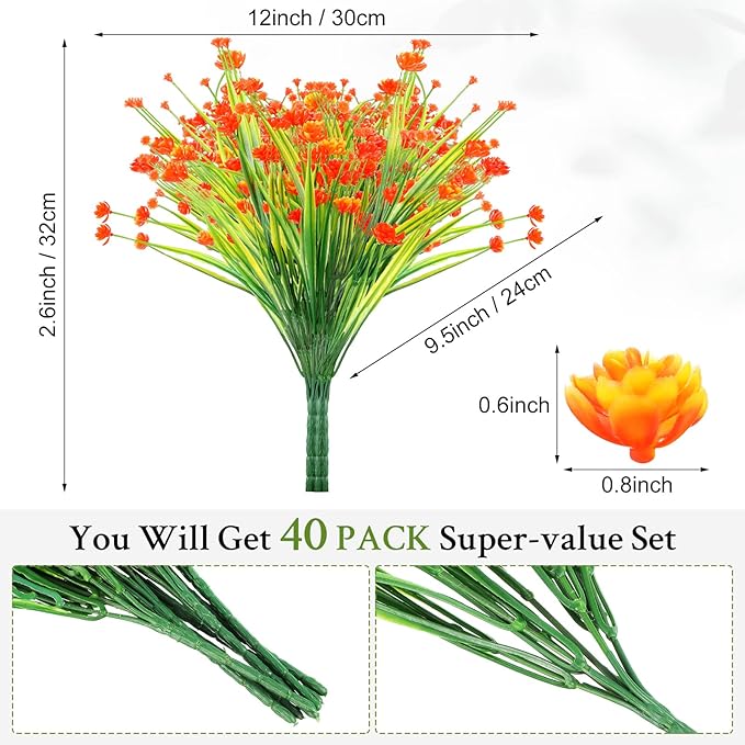 Hoteam 40 Bundles Fall Outdoor Artificial Flowers Plants UV Resistant Outside Faux Flowers Plastic Fake Plants Outdoor Summer Seasons Decoration Shrubs Garden Porch, Orange
