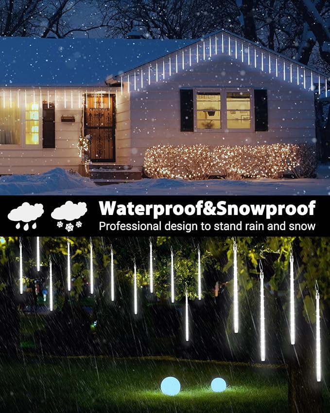 Joomer Christmas Lights Outdoor, 11.8 inch 10 Tubes 240 LED Meteor Shower Lights, LED Snow Falling Icicle Cascading Light with Timer Waterproof and Connectable for Christmas Decoration (White)