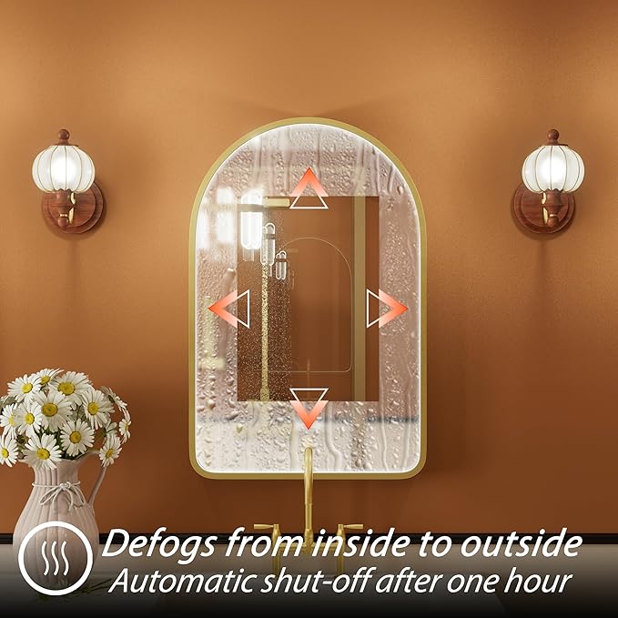 20x30 Inch Arched LED Bathroom Mirror with Lights, Adjustable 3000K/4500K/6000K, Wall Mounted Gold Frame Lighted Bathroom Vanity Mirror, Anti-Fog, Dimmable, Memory Function