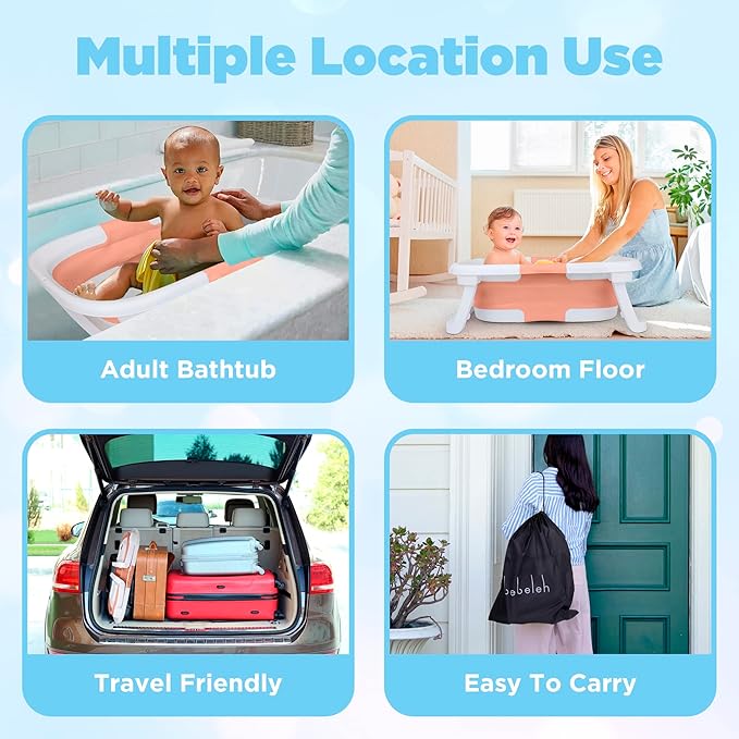 BEBELEH™ Collapsible Baby Bathtub – Bathtub + Baby tub Sling + Newborn Sling – Baby Bathtub Newborn to Toddler 0-24 Months – The Ultimate Travel Baby Bath Tub and Everyday Use! (Pink)