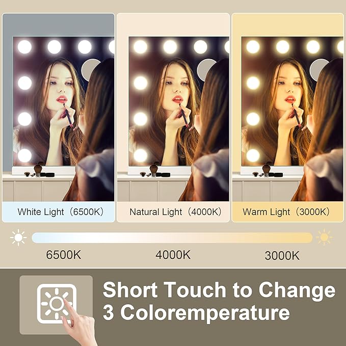 S'bagno Vanity Mirror with Lights, 12 Dimmable LED Bulbs Hollywood Mirror, 3 Color Modes & Memory Function Makeup Mirror with Lights, Detachable 10X Magnification, Touch Control, USB-A(19''x14'')