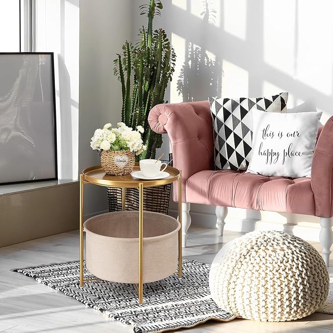 danpinera Round Side Table with Fabric Storage Basket, Metal Side Small Bedside Table Nightstand with Removable Tray Top for Living Room, Bedroom, Nursery, Bathroom, Gold