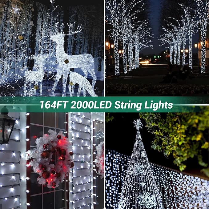 Quntis 164ft 2000 LED Cluster Christmas String Lights - 8 Modes Christmas Tree Lights - Outdoor Waterproof Dark Green Wire Christmas Lights Plug in for Holiday Wedding Party Home Decor, White