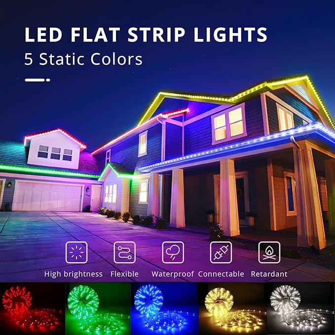 LED Rope Lights, 16.4 Feet Daylight Flat Flexible Strip Light, Plug in Novelty Lighting, Connectable and Waterproof for Home Christmas Holiday Garden Patio Party Decoration