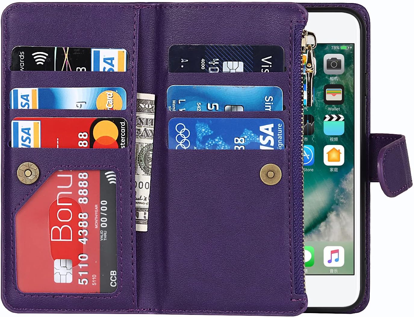 Jaorty Wallet Case for iPhone 7/8/iPhone SE 2nd 2020/iPhone SE 3rd 2022, 9 Card Slots, Zipper Cash Pocket, Purple