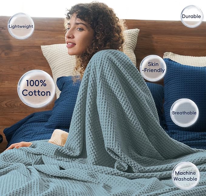PHF 100% Cotton Waffle Weave Blanket Queen Size for Bed,Snag Proof Lightweight Breathable Moisture-Wicking Throw for Couch,Great for Layering in Cold Weather,Machine Washable, Home Decor Gift-Ocean