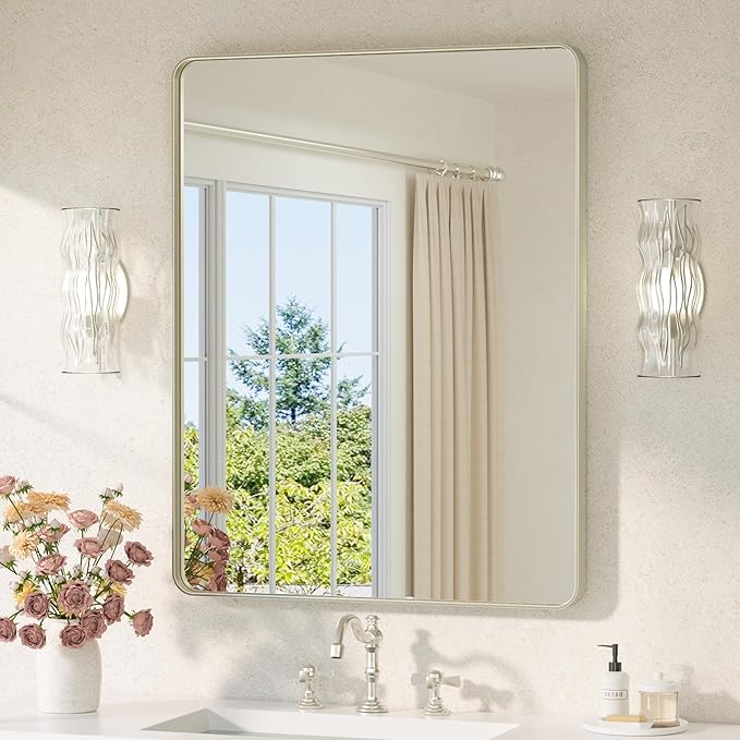 TETOTE Brushed Nickel Mirror 28 x 36 Brushed Nickel Metal Framed Bathroom Mirror, Tempered Glass, Modern Farmhouse Wall Mounted Mirror for Decorative(Horizontal/Vertical)
