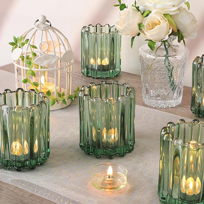 Glass Green Votive Candle Holder, Ribbed Votive Candle Holders Set of 12, Tealight Candle Holder for Wedding Centerpieces Dinner Party Table Decor