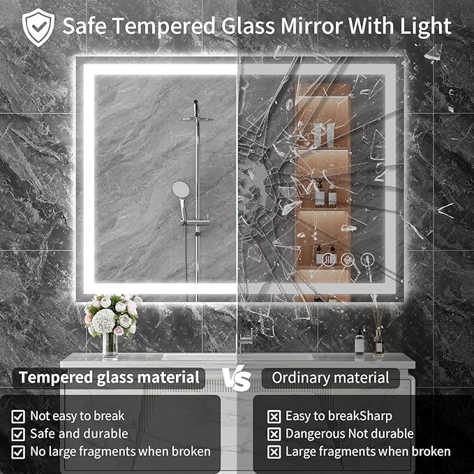 Koonmi 26x38 LED Bathroom Mirror, Backlit + Front Lit, LED Bathroom Mirror with Lights for Wall, 3 Colors, Anti-Fog, Dimmable Brightness, Memory Function, Tempered Glass