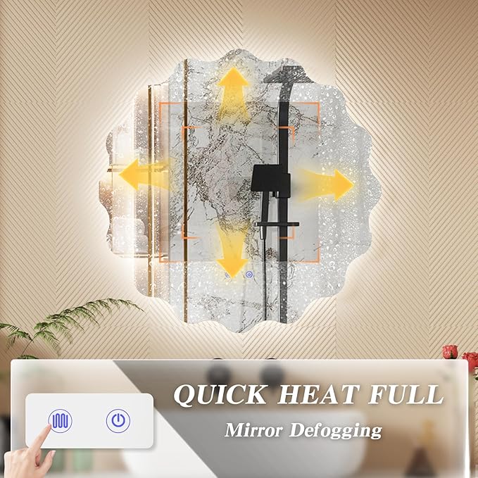 QDSSDECO Irregular LED Bathroom Mirror with Lights,Asymmetrical Led Bathroom Vanity Mirror for Wall with Front and Backlit, Anti Fog, 3 Colors and Dimmable Light, 23" x 23"