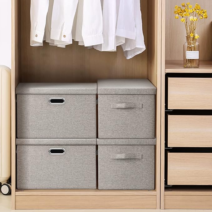 Large 17" 36 Quart Collapsible Stackable Storage Bins with Lids, 3 Packs Beige Linen Fabric Closet Boxes with Lids, Storage Cube Baskets Container Organizers for Bedroom Office(17 x12 x11)