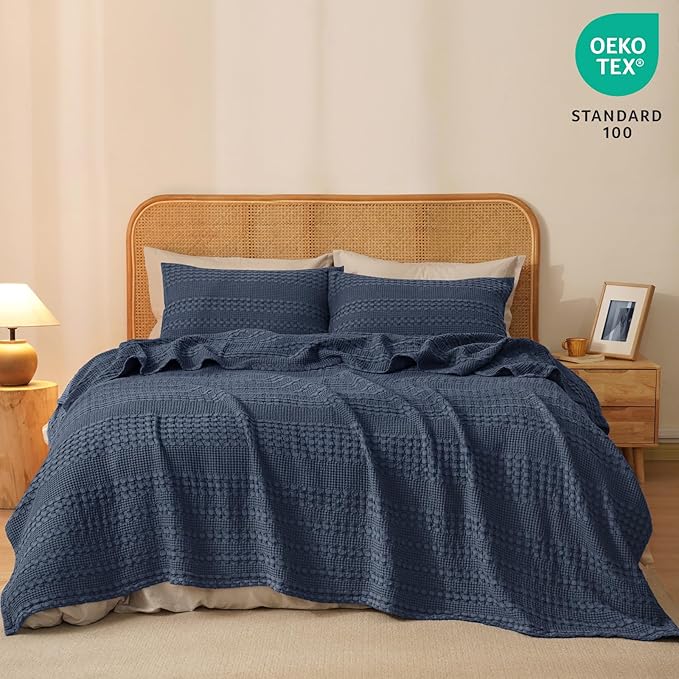 PHF 100% Cotton Waffle Weave Blanket Queen Size for Bed, Soft Lightweight & Breathable, All-Season Comfort, Luxury Aesthetic Woven Bedding for Home Decor, 90"x90", Indigo