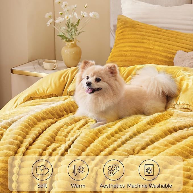BEDELITE Fleece Queen Comforter Set -Super Soft & Warm Fluffy Mustard Yellow Bedding, Luxury Fuzzy Heavy Bed Set for Winter with 2 Pillow Cases