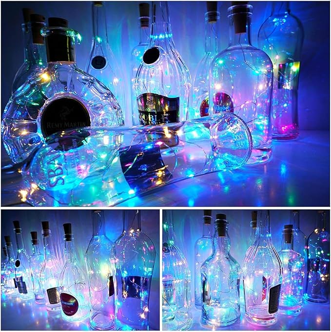 YJFWAL Wine Bottle Lights with Cork, Cork Shape Silver Copper Wire Fairy Mini String Lights, 24 Pack 20LED Battery Operated for Jar DIY, Party, Wedding, Christmas, Halloween, Bar Decor (Multicolor)