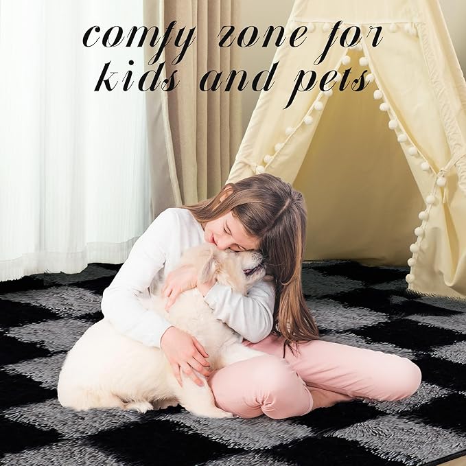Super Soft Rug for Bedroom, 3x5 Ft Grey and Black Area Rug Classic Checkered Shaggy Rug Anti-Skid High Pile Soft Fluffy Fuzzy Carpet for Living Room Bedroom Kids Room Nursery, Dorm Home Decor
