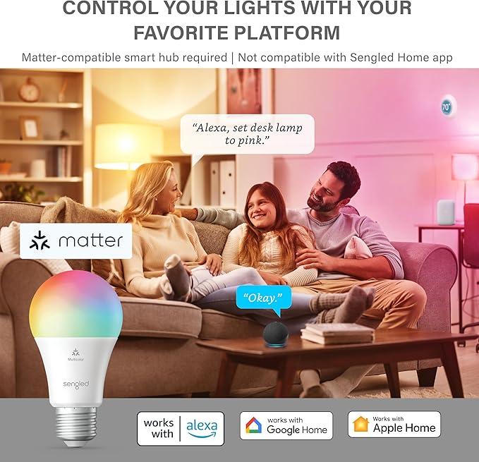 Sengled Matter LED Smart Light Bulb (A19), Multicolor, Compatible with Alexa, 60W Equivalent, 800LM, Instant Pairing, 1-Pack