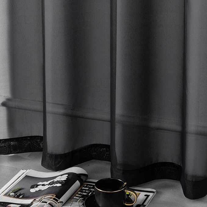 DUALIFE Black Sheer Curtains 54 Inch Length for Basement Windows Set of 2 Panels Grommet Semi Translucent Short Curtains for Small Windows Kitchen Bedroom Bathroom 52x54 Inches Long