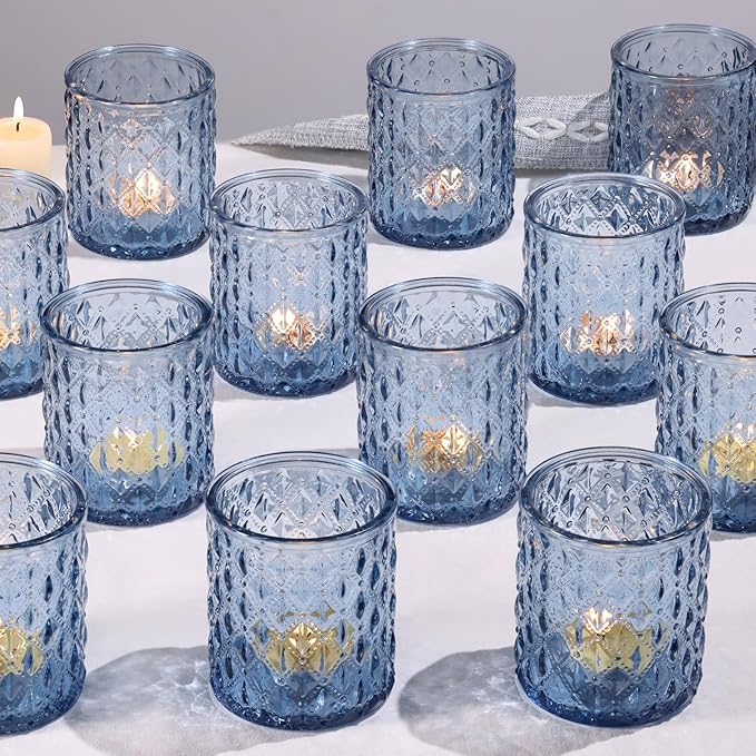 12Pcs Large Votive Candle Holders 2.8 * 3.2in Blue Tea Light Candle Holders Glass Candle Holder for Wedding, Bridal Shower, Table Centerpiece, Party, Home Decor