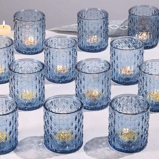 12Pcs Large Votive Candle Holders 2.8 * 3.2in Blue Tea Light Candle Holders Glass Candle Holder for Wedding, Bridal Shower, Table Centerpiece, Party, Home Decor