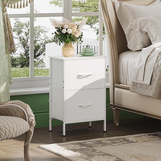 WLIVE White Nightstand, Night Stand with 2 Drawers, Small Dresser for Bedroom, Bedside Furniture, College Dorm, End Table with Fabric Bins, Dormitory, Size L