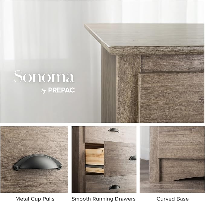Prepac Salt Spring Rustic Tall Nightstand Side Table with 3 Drawers, Farmhouse Tall 3-Drawer Bedside Table 16" D x 23" W x 29" H, Drifted Gray, DDC-2403