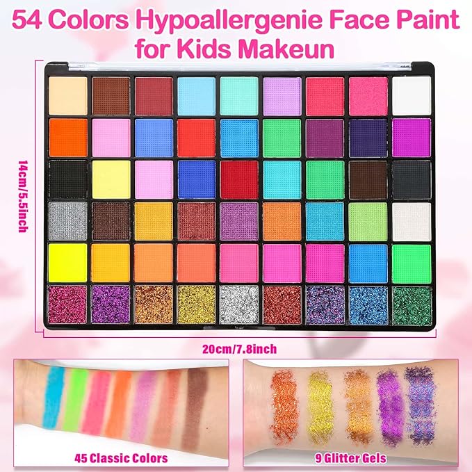 Professional Face Painting Kit for Kids and Adults – 54 Color Water Activated Cosplay Makeup Kit, Non-Toxic Body Paint with Stencils, Gems, Brushes– for Halloween FX, Bday Parties, School Event