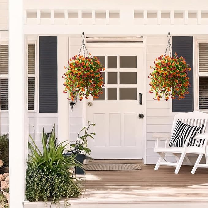 Artificial Hanging Flowers Plants for Outdoor Fall Decoration, 2PCS Faux Silk Daisy UV Resistant Look Real for Outside Home Indoor Planter Porch Window Yard Mums Autumn Decor(Orange Brown)