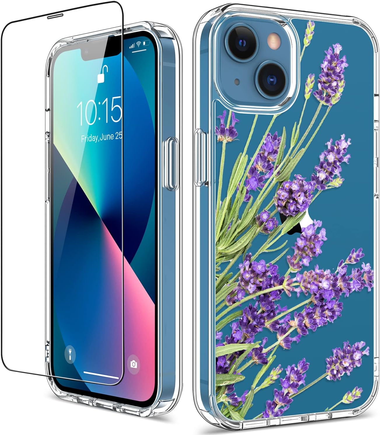 GiiKa iPhone 13 Case with Screen Protector, Clear Full Body Protective Floral Girls Women Shockproof Hard Case Purple