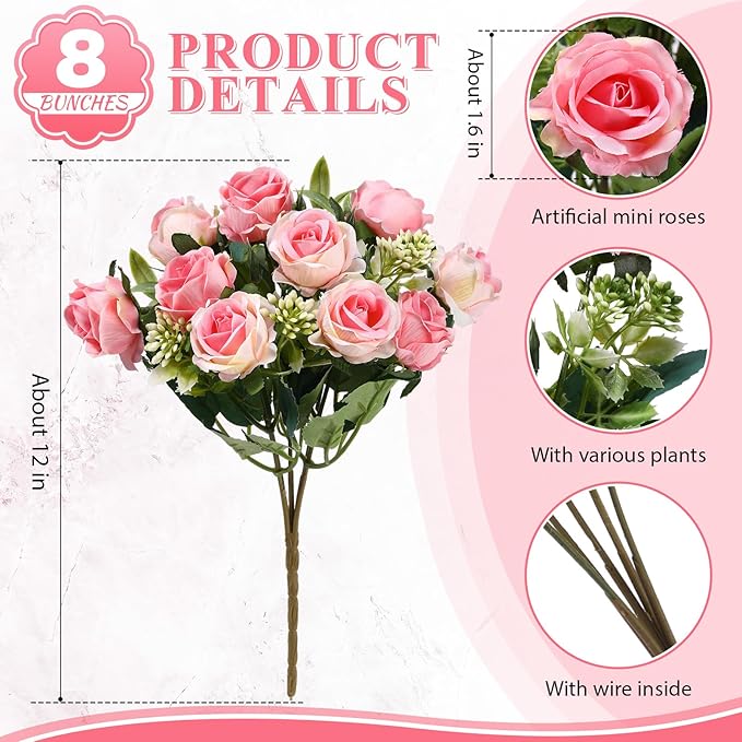 Zeyune 8 Pack 12 Inch Artificial Rose Bouquet Silk Roses Flowers Bunches Bulk Fake Roses for Wedding Bridal Home Office Garden Parties Decoration(Pink)