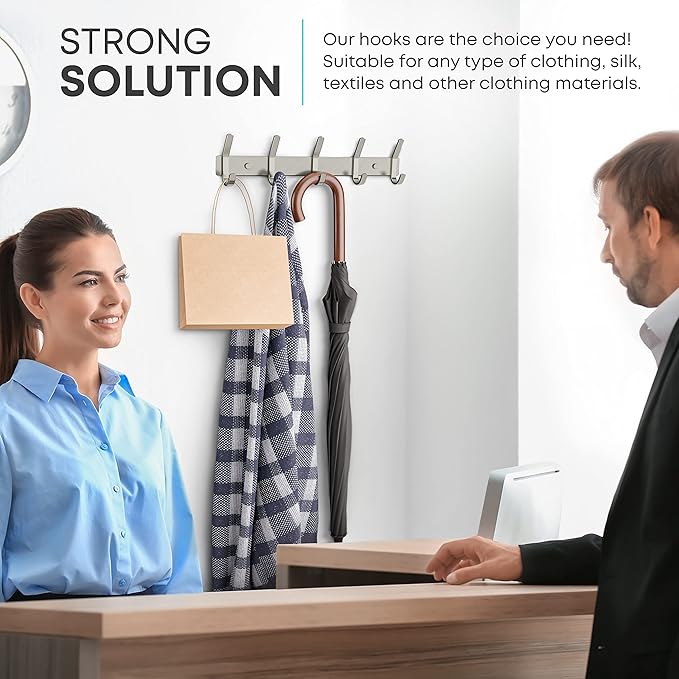 Coat Rack Wall Mount – Brushed Nickel 15 Inch Stainless Steel Hook Rail with 5 Heavy Duty Double Coat Hooks – Wall Mounted Coat Hanger for Entryway, Bathroom, Bedroom, Towel, Hat Organizer