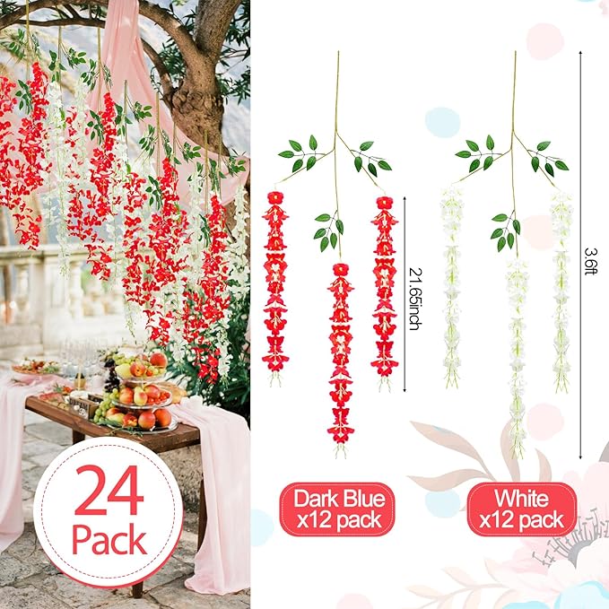 Giegxin 24 Pcs Artificial Wisteria Hanging Flowers 3.6 ft Artificial Fake Wisteria Vine Rattan Hanging Garland Silk Flowers String for Wall Home Wedding Party Greenery Decorations (Dark Red,White)