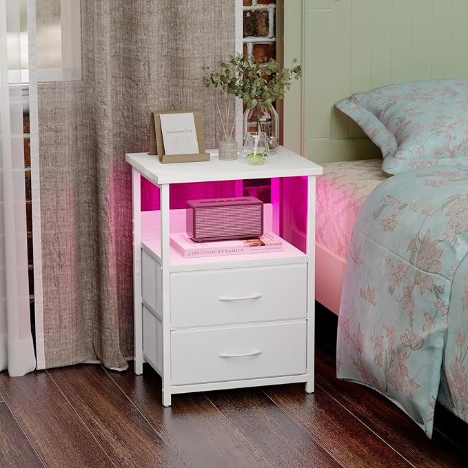 Fixwal Night Stand with Charging Station, LED Nightstand with U-S-B Ports and Outlets, 2 Fabric Storage Drawers with PU Finish, Bed Side Table, White