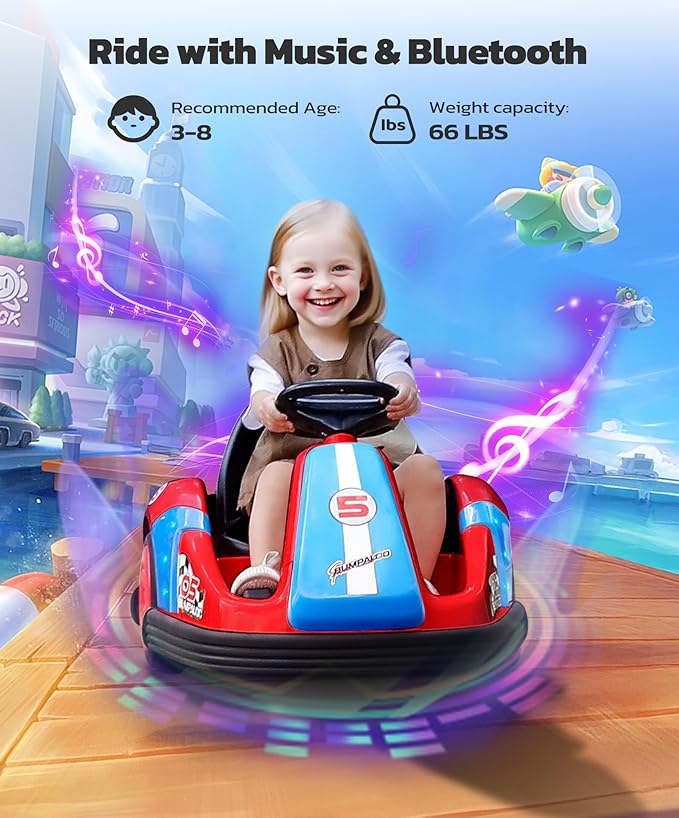 ELEMARA Bumper Cars for Kids with Big Wheels, 2.2 Mph, 12v Electric Ride On Toys with Remote Control, 360 Degree-Spin Bumper Car for Toddlers with DIY Stickers, Bluetooth, Music, LED Light, Red