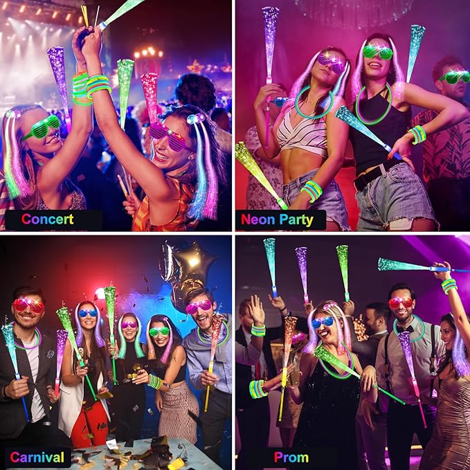 148 PCS Glow in the Dark Party Supplies, 16 Fiber Optic Wands, 14 LED Glasses, 100 Glow Sticks and 18 LED Hair Clips Fiber Optic for Neon Party, Wedding, Birthday, Concert, New Year