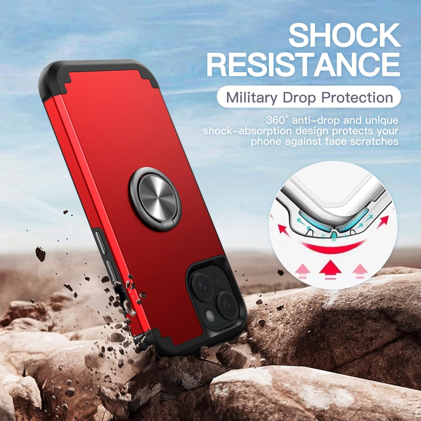 IDweel iPhone 14 Plus Case: 2-in-1 Shockproof Cover with Screen Protector, 360° Ring Holder, Camera Lens Protector, Red.