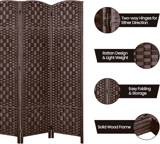 Rose Home Fashion Room Divider, 6 ft Tall Room Dividers and Folding Privacy Screens, 16in Privacy Screen 6 Panel Brown Space Temporary Wall Foldable Partition Separation