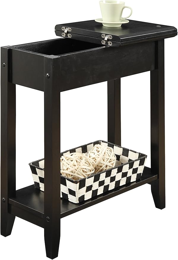 Convenience Concepts American Heritage Flip Top End Table 23.25" - Classic Narrow Chairside Accent with Hidden Storage & Lower Shelf for Traditional, Modern Living Room, Black