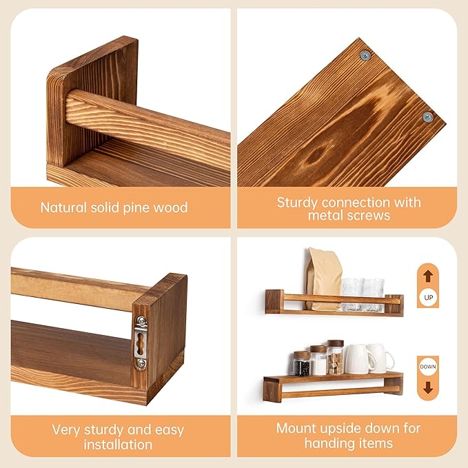 Fun Memories Nursery Book Shelves - Rustic Natural Solid Wood Floating Bookshelf for Kids - Wall Book Shelves for Kids Room (Carbonized, 32inch - 4P)